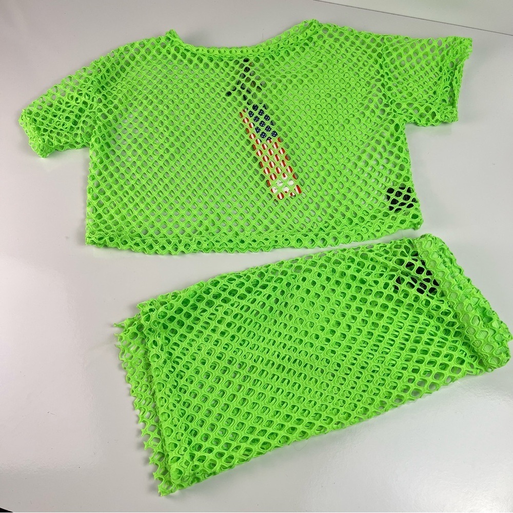 Neon Electric Green Mesh Crop Top and Cropped Leggings Shorts Set Girls sz XXL